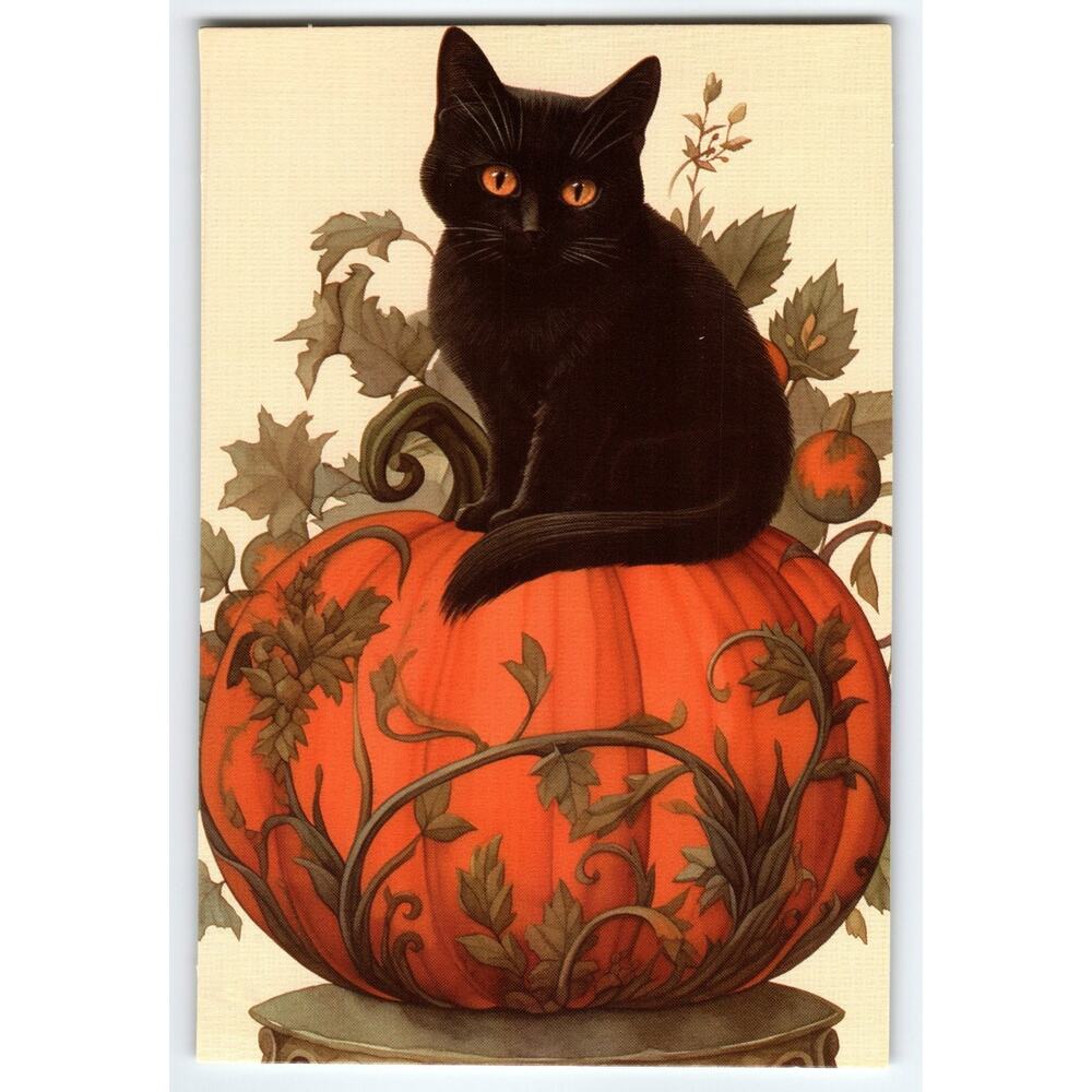 Vintage Photochrome Halloween Postcard Black Cat on Pumpkin 6x4